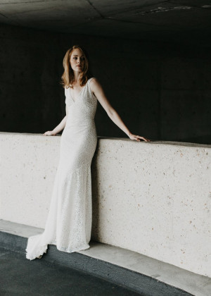 V Neck Ivory Lace Cutout Back Unique Wedding Dress